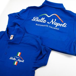 Photo of royal blue polo shirts with Bella Napoli Italian Restaurant branding